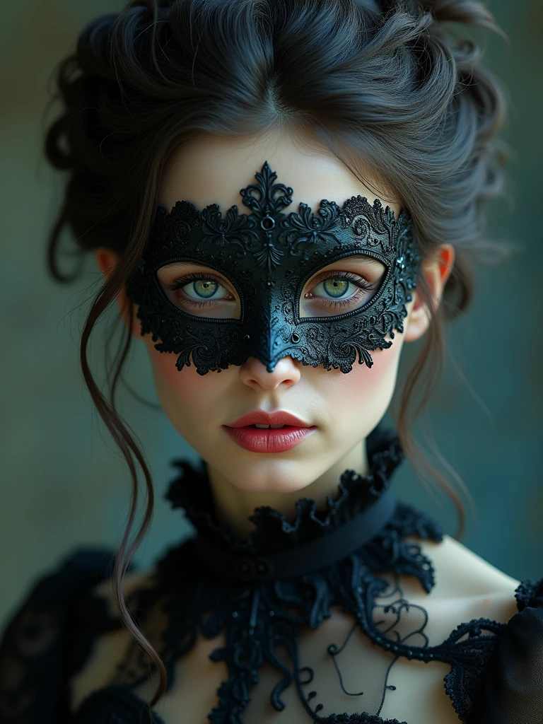 a close-up of a woman wearing a mask, dream gothic girl, Elegant render, Half body photo, lover, photoshop rendering, ebony rococo, elegant girl, female spy, disturbing beautiful young woman, detailed face, fancy dress, beauty girl, very feminine