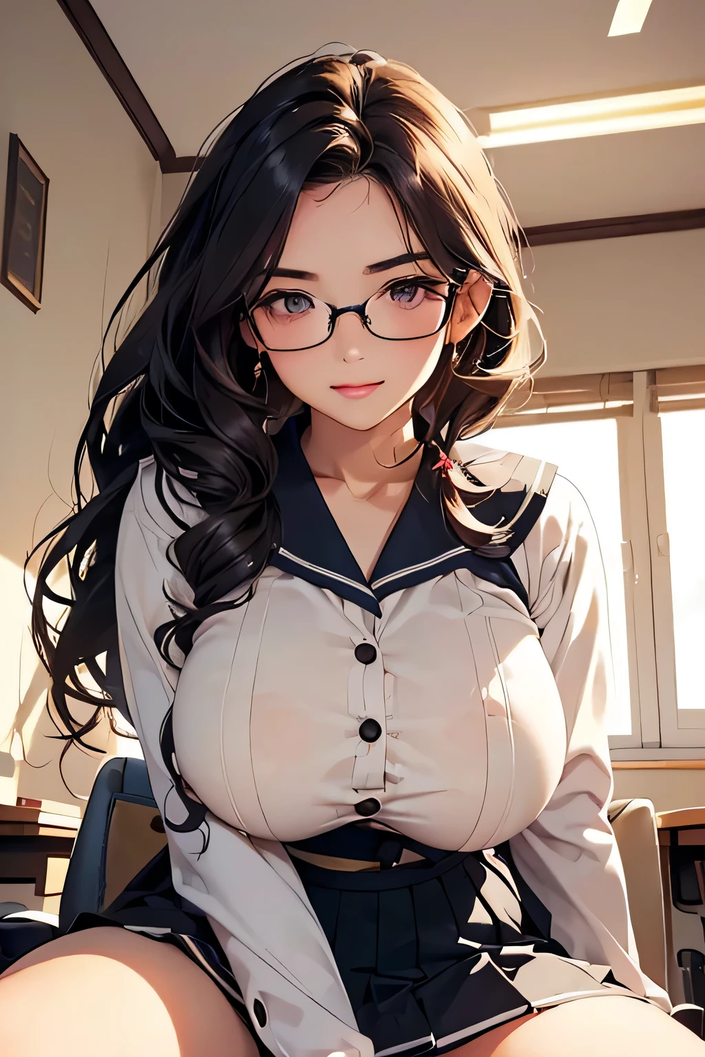 Highest quality、High resolution、Detailed Background、(Beautiful face in every detail:1.4)、Anatomically correct、(Normal number of fingers:1.2)、Highly detailed face、(Detailed eyes:1.2)、 beauty、(Huge breasts:1.2)、Perfect body line、Light color hair、Braided bob cut、ponytail、Wavy Hairstyle、well-groomed eyebrows、Glasses、Sailor suit、JK Uniform、Pleated skirt、White Stockings、A big smile、blush、Accentuate your cleavage、Accentuate your breasts、
(The button on her uniform is broken and her breasts are spilling out:1.5)、(View from below of a girl sitting at a desk:1.5)、(Underboob:1.3)、Panty shot、cute