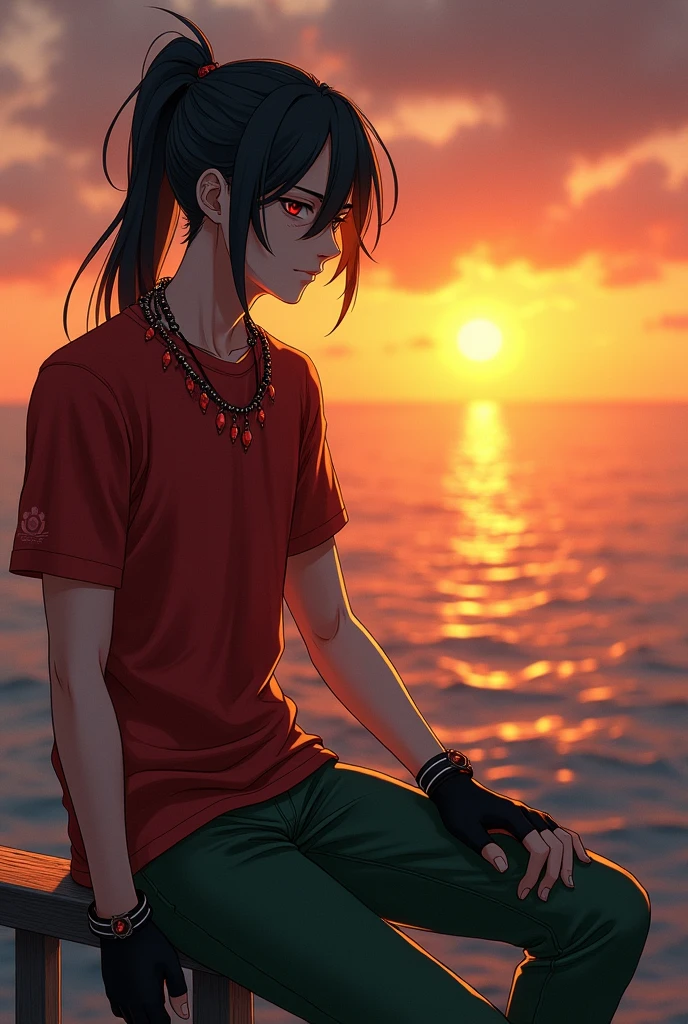 16 year old man, red eyed, Marked dark circles and a scar on his right cheek, with a ponytail that reaches her ears, black fur, a red t-shirt and green jeans, with black fingerless gloves, Wearing a necklace of red stones. Sitting on a railing, gaze at the sunset sea with a relaxed expression, As the golden light paints the horizon. Otome. ((Best Quality))
