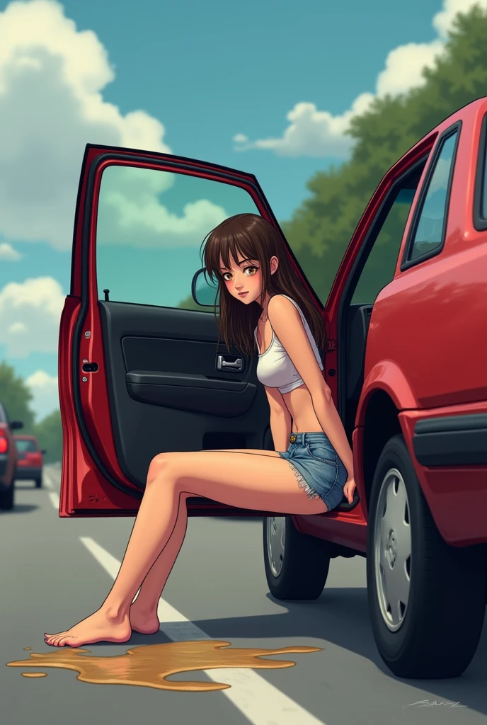 (A can’t hold it anymore) she stopped her parent’s car in from of traffic) (Realistic) (she is peeing at side of the freeway) ( sitting on car with the open car door) (pee stain) pee dripping down her bare butt) (pants dropped down to the ground) drips on ground underneath her