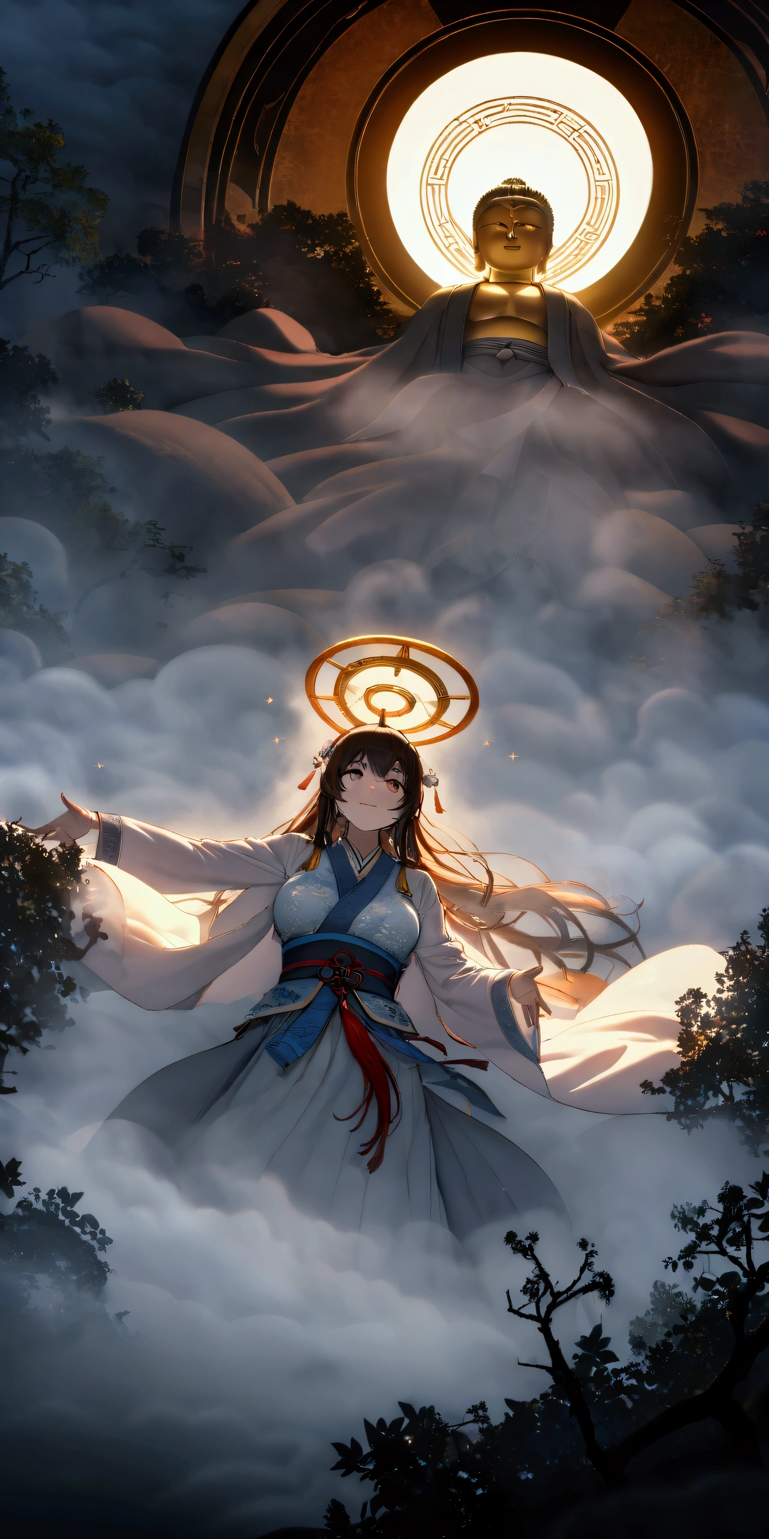 8k,wallpaper of extremely detailed CG unit, masterpiece,hight resolution,top-quality,top-quality real texture skin,hyper realisitic,increase the resolution,RAW photos,best qualtiy,highly detailed,the wallpaper,cinematic lighting,ray trace,golden ratio, BREAK ,1girl\(Amitabha Buddha,very virtuous , mild smile, female, godly ,(in the deep fog:1.3) ,beautiful halo\), BREAK ,background\(heaven\(The Peach Blossom Spring\),in the deep fog,beautiful chinise flowers blooming,(many peach tree),(deep fog:1.5)\),, BREAK ,many hungry ghosts\(below heaven,looking up\),(deep fog:1.5),(deep fog:1.5),(deep fog:1.5),(deep fog:1.5),(deep fog:1.5),(deep fog:1.5)