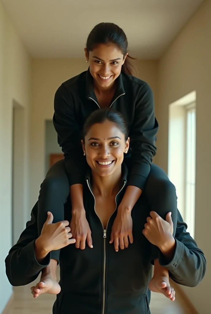 Create a realistic photograph of a smiling and beautiful indian actress in black jacket carrying a large man on her shoulders in a room, man is sitting on top of her shoulders , man on top, woman at bottom 