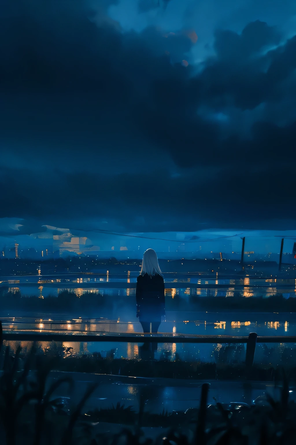 A sexy blonde haired girl, dressed completely in black, including a jacket with a raised hood. He stands far in the distance, under the rain, in a dark and melancholic atmosphere, with a grey and cloudy sky adding a dramatic touch to the scene. His figure appears small but notable, creating a contrast between his appeal and the somber atmosphere, which generates a powerful and enigmatic image