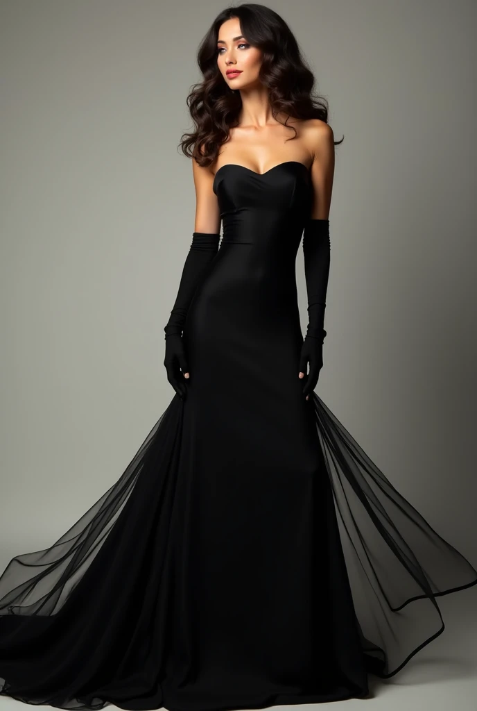 A glamorous shot of a woman in a classic black dress, posed elegantly while squatting. She wears long black gloves that add a touch of sophistication to her look. Her wavy brunette hair cascades over her shoulders, complementing her refined posture and confident expression. The minimalist background focuses attention on her poised demeanor, creating an image of timeless elegance.

((glamorous shot)), ((black dress)), ((long black gloves)), ((wavy brunette hair)), ((sophisticated look)), ((minimalist background)), ((timeless elegance)) BREAK ((highres:1.5)), ((best quality:1.6)), ((fashion photography:1.4)), ((studio lighting:1.3)).