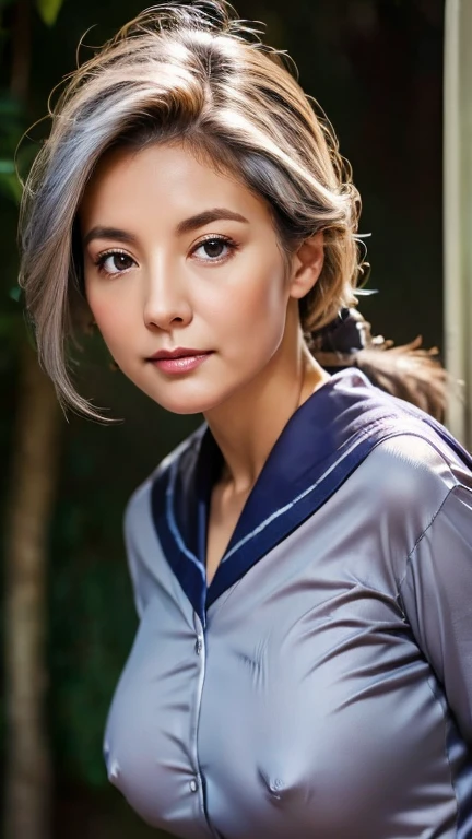 Highest quality、Realistic、woman、60s、Mature Woman、grandmother、Older age、zoom、Gray eyes、ponytail、Grey Hair、Wrinkled face、Sailor suit、Saggy breasts、Bedroom、Bust Shot、
