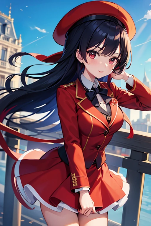  anime illustration, 1 girl,, red tailcoat, big red hat, in Paris France, SFW, red skirt, black office shirt, blue sky, long hair, looking ahead at viewer 