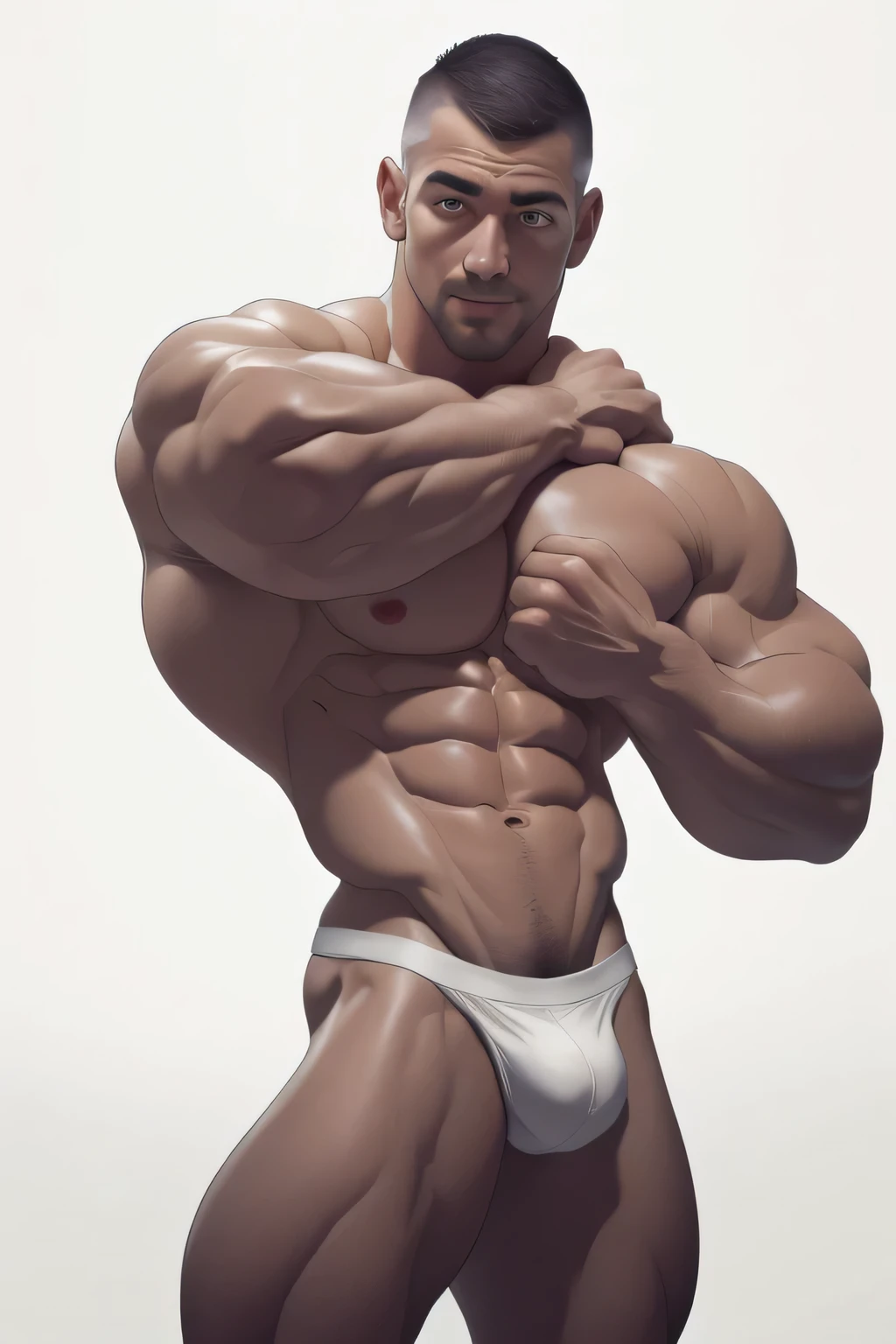 Handsome, Hunk, crew cut haircut, Muscular body, Shirtless, six pack abs, exaggerated arms and hands, holding a martini,white background