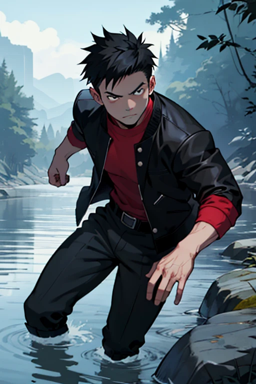 One boy, alone, Iris, Point pupils, Black Hair, short hair, gakuran, Black jacket,Red Shirt、Black Belt, Black trousers, bad、In the river、Legs spread in fighting pose,　Upper Body