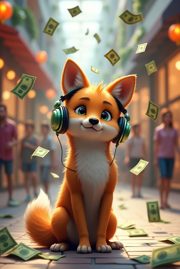 A brown wolf,Realistic and cute,Standing wolf,Wearing headphones and listening to music,Musical notes are on top of the head,Shopping mall background,Money falls out of the pocket,Money falls to the ground