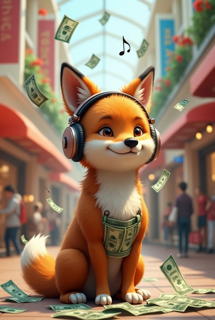 A brown wolf,Realistic and cute,Standing wolf,Wearing headphones and listening to music,Musical notes are on top of the head,Shopping mall background,Money falls out of the pocket,Money falls to the ground