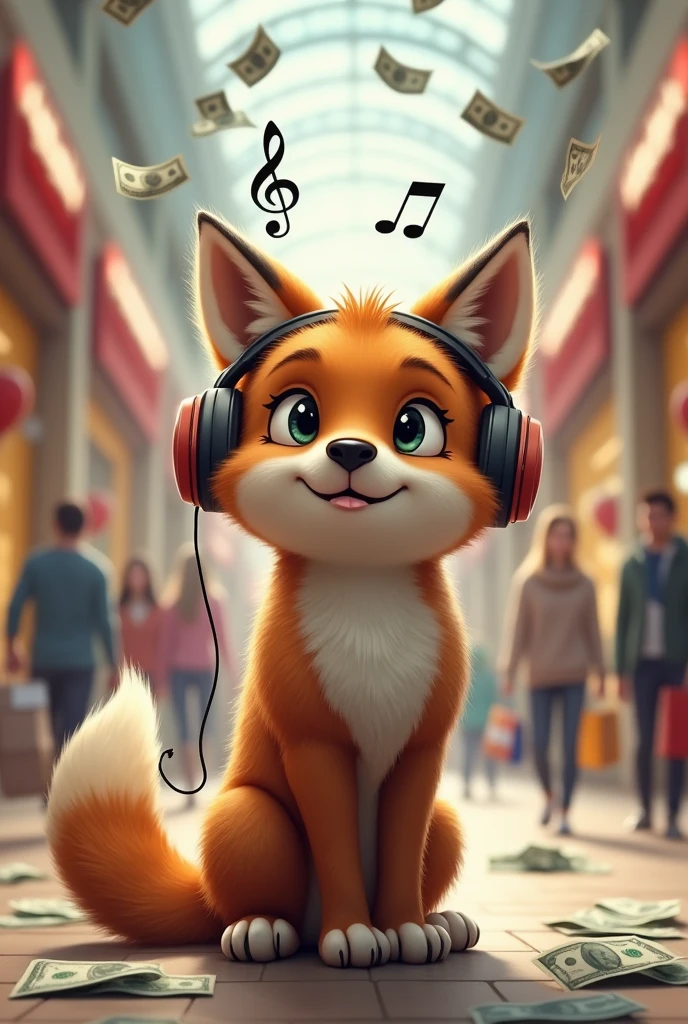 A brown wolf,Realistic and cute,Standing wolf,Wearing headphones and listening to music,Musical notes are on top of the head,Shopping mall background,Money falls out of the pocket,Money falls to the ground