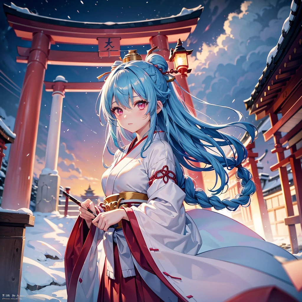 (Tying her sky blue hair into a single braid),(Pink Eyes),Fair skin,whole body,alone,Snowy Night,Drawing a fortune at a temple,torii,Shrine maiden、masterpiece, Highest quality, Very detailed, Best Shadow,Detailed Background,Beautifully detailed face,High Contrast,Best lighting, Very delicate and beautiful,Cinematic Light,Hyper Detail,8k,Dramatic Light,Exquisite detail,