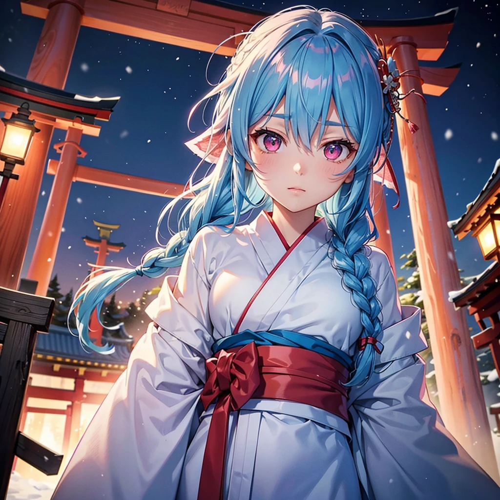 (Tying her sky blue hair into a single braid),(Pink Eyes),Fair skin,whole body,alone,Snowy Night,Drawing a fortune at a temple,torii,Shrine maiden、masterpiece, Highest quality, Very detailed, Best Shadow,Detailed Background,Beautifully detailed face,High Contrast,Best lighting, Very delicate and beautiful,Cinematic Light,Hyper Detail,8k,Dramatic Light,Exquisite detail,