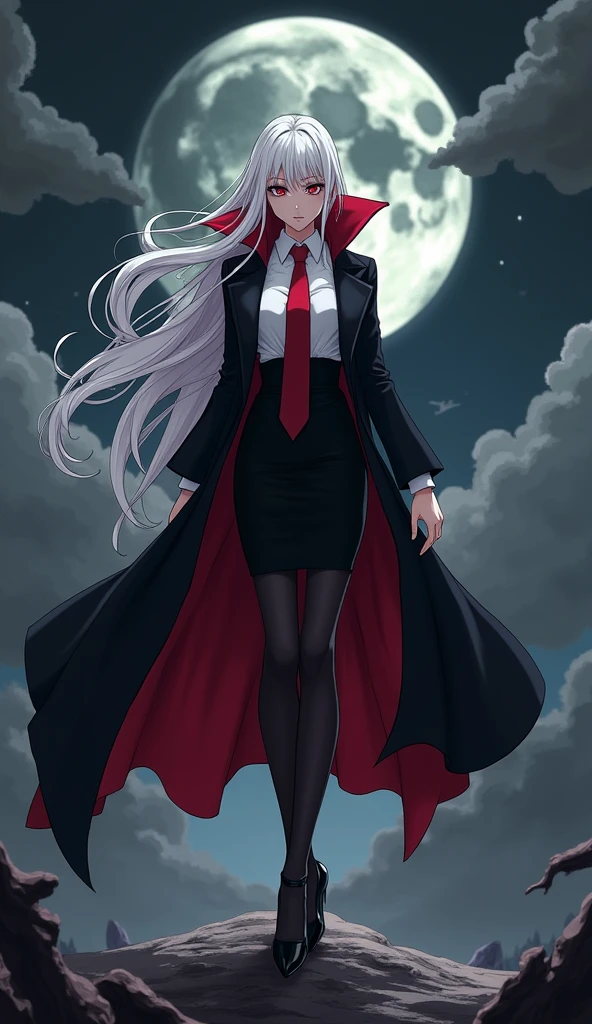 The woman vampire red eyes, long white hair, 

She wear the long black coat inside the black coat has carmine color, black suit, white shirt, red necktie, long black pencil skirt, black tights, black high heels.

black grey sky, fantastic night sky, moon, cartoon anime, 4K, HD