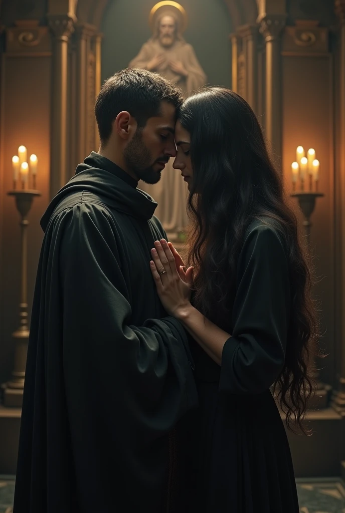 A Catholic priest praying as a woman covering his eyes with Long hair