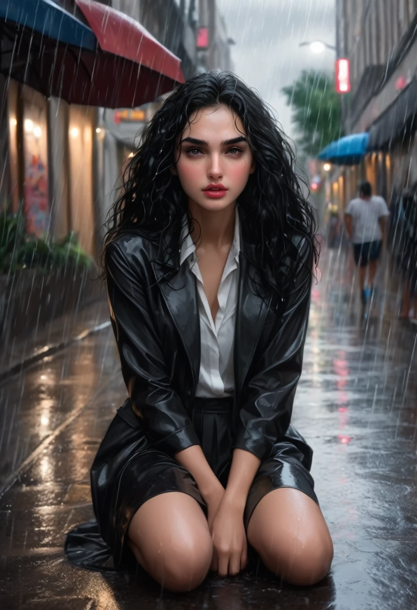 18 year old girl, huge black hair, eyes black, beautiful like Gal Gadot, sitting on the sidewalk while it rains heavily and she is soaked