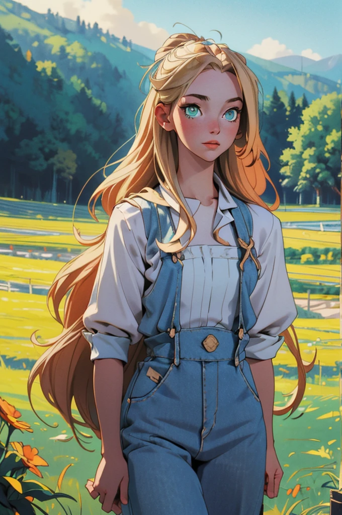 (masterpiece, best quality), female young adult, buoyant, maori, green eyes ,  honey blonde long and  hair, wearing bermuda overalls, babydoll, oxford shoes,, exuding elegance and allure, silhouettes, characters outlined against a bright background, evoking intimacy without explicit details, a picturesque countryside, with rolling hills, green meadows, and grazing animals 1girl, Looking at viewer, thin dainty sun kissed skin