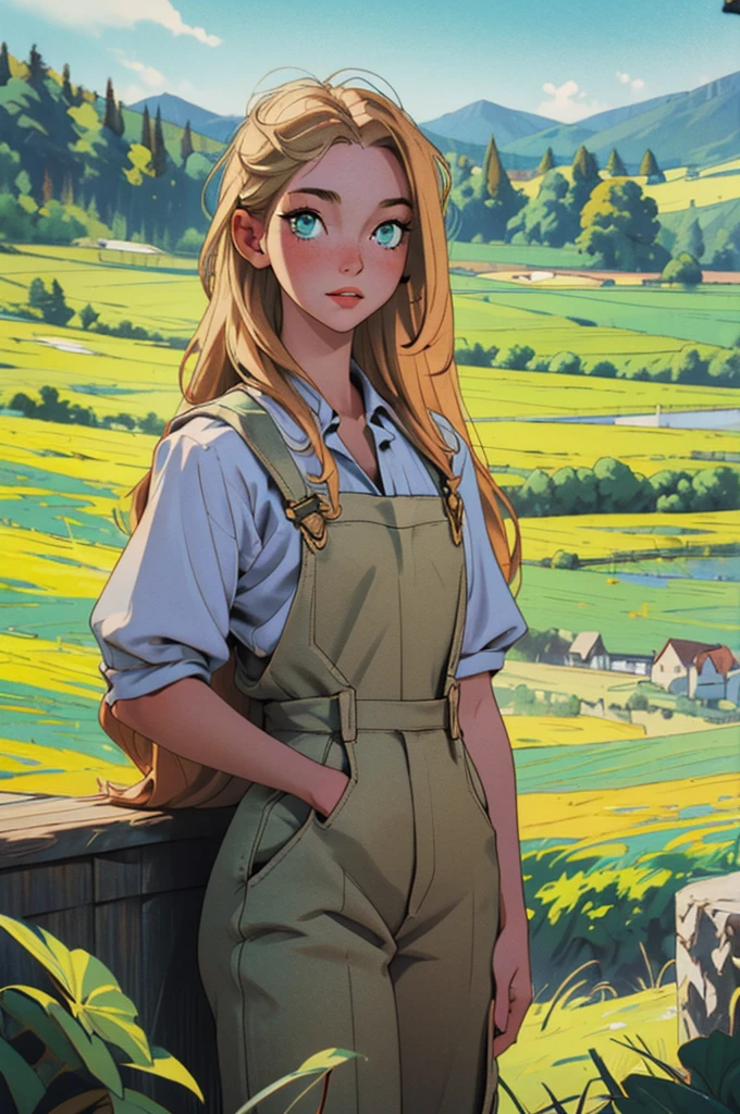 (masterpiece, best quality), female young adult, buoyant, maori, green eyes ,  honey blonde long and  hair, wearing bermuda overalls, babydoll, oxford shoes,, exuding elegance and allure, silhouettes, characters outlined against a bright background, evoking intimacy without explicit details, a picturesque countryside, with rolling hills, green meadows, and grazing animals 1girl, Looking at viewer, thin dainty sun kissed skin