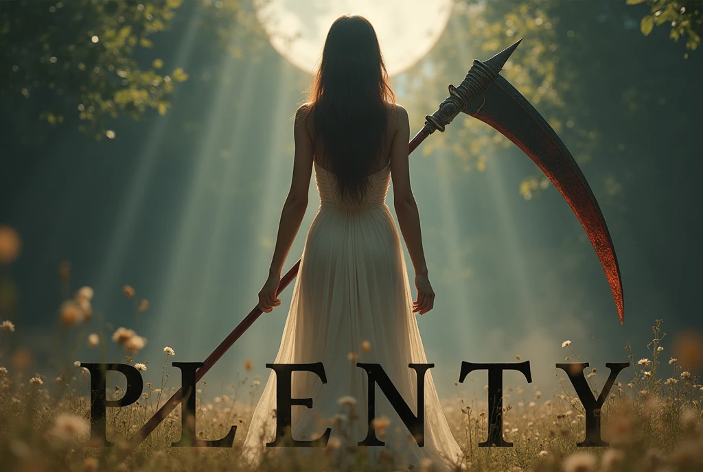 words "plenty" written in large letters at the bottom of the screen, ((masterpiece, of the highest quality, Maximum image quality, High resolution, photorealistic, raw photo, 8k)), ((Extremely detailed 8k unified CG wallpaper)), (huge shot of stunning goddess, Very hot and sexy, Amazing beauty, perfect proportions, beautiful body, slim body beauty:1.4), A girl wielding a huge scythe, movie poster, (a huge scythe:1.5),
