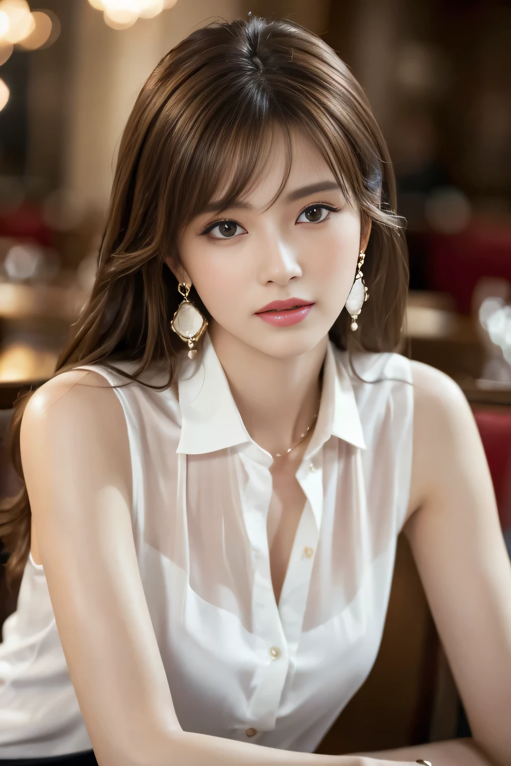 masterpiece, Highest quality, Realistic, Very detailed, Finer details, High resolution, 8k wallpaper, One beautiful woman, Wear a pretty colored silk shirt, In a great restaurant, At night, Light brown messy hair, Perfect dynamic composition, Beautiful and beautiful eyes、Big earrings、Sleeveless shirt、