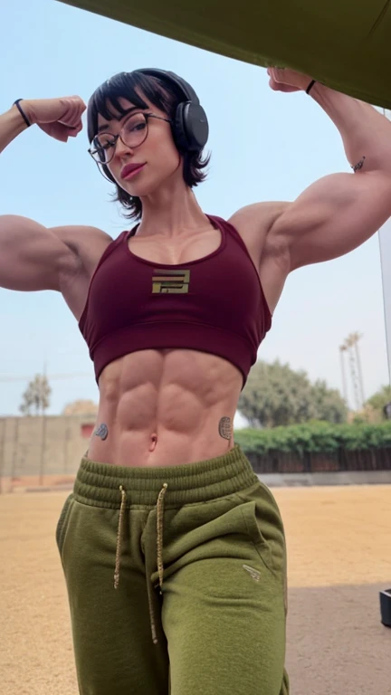 Ultra cute muscular gamer girl, short hair, glasses, muscular shoulders, veins, baggy sleeveless hoodie cute, sweatpants, oversized long baggy hoodie, veins on whole arm, popping biceps arms,  arms, sideview curl, one armed curl, curl in right arms, strong dark red lipstick, blus, ripped, tall, shredded six pack abs, super tall, curling, lean, slimmer, leaner, badass, breathtaking, gorgeous, gentle, headphones around neck, in park outside, ultra ripped shredded muscular sic pack abs, ((really tall)), ((((veins everywhere))))