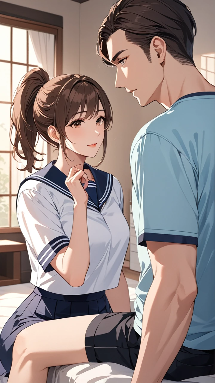 Highest quality masterpiece High resolution masterpiece a man together with a mature woman are sitting in the bedroom,The adult woman is wearing a sailor uniform and men wear t-shirts, The woman wears a high ponytail and brown hair
