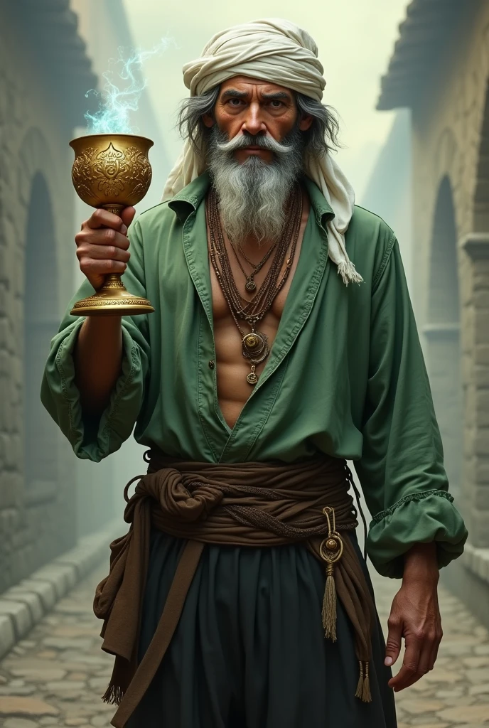 A Gypsy man wearing a green shirt, black pants, and a white headscarf, holding a goblet.