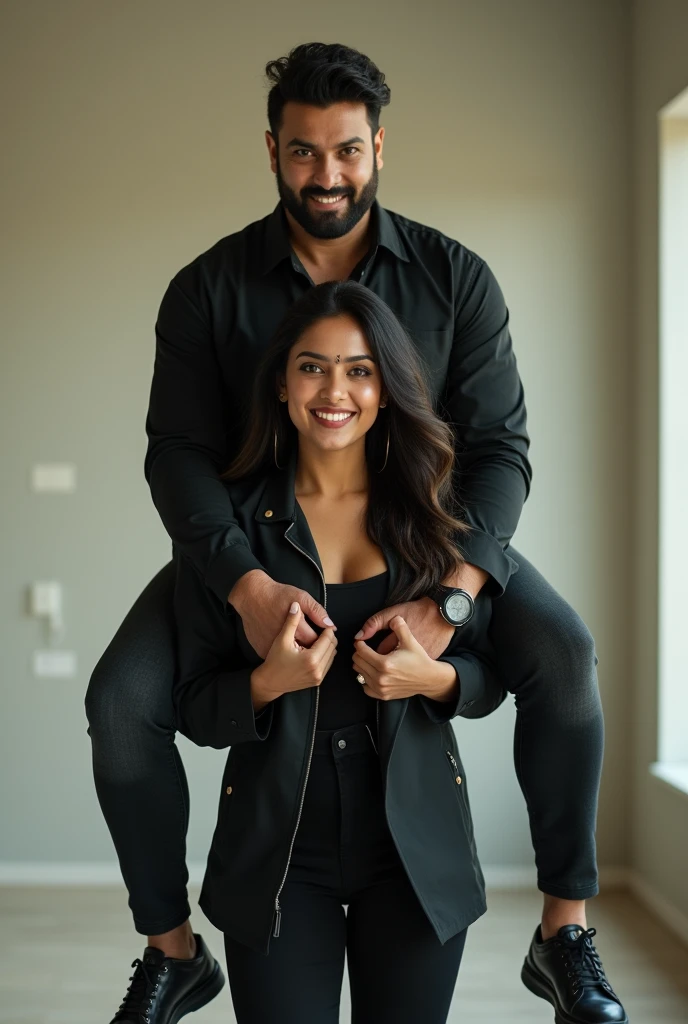 Create a realistic photograph of a smiling and beautiful indian actress in black jacket carrying a large man on her shoulders in a room, man is sitting on top of her shoulders , man on top, woman at bottom 