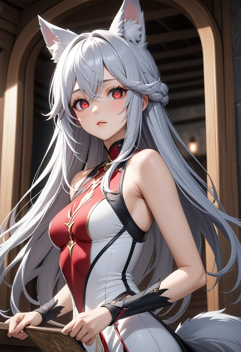 Longhair, (Red eyes:1.5), animal ears, tail, Chestnut hair, Wolf ears, Wolf tail, The tips of the ears are white、The tip of the tail is white、(small breast:1.2), BREAK looking at viewer, BREAK outside, BREAK (masterpiece:1.2), best quality, high resolution, unity 8k wallpaper, (illustration:0.8), (beautiful detailed eyes:1.6), extremely detailed face, perfect lighting, extremely detailed CG, (perfect hands, perfect ???????),
