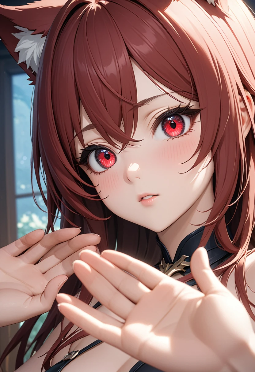 Longhair, (Red eyes:1.5), animal ears, tail, Chestnut hair, Wolf ears, Wolf tail, The tips of the ears are white、The tip of the tail is white、(small breast:1.2), BREAK looking at viewer, BREAK outside, BREAK (masterpiece:1.2), best quality, high resolution, unity 8k wallpaper, (illustration:0.8), (beautiful detailed eyes:1.6), extremely detailed face, perfect lighting, extremely detailed CG, (perfect hands, perfect anatomy),