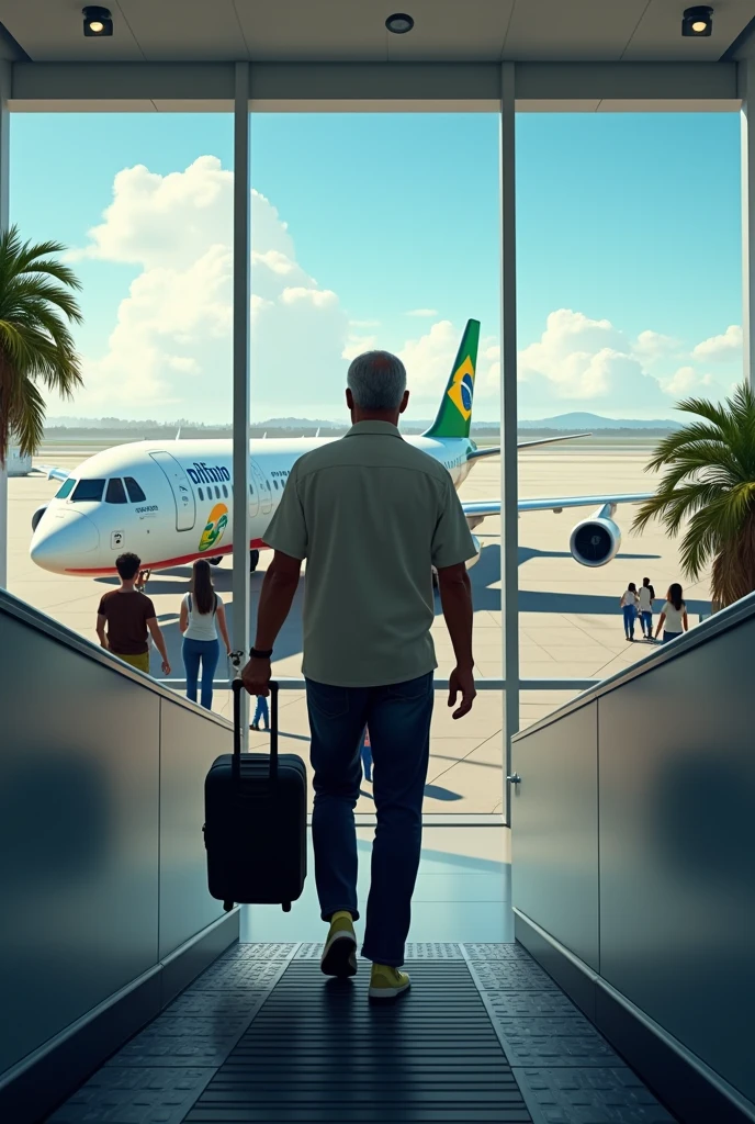 Make a man boarding a plane in Brazil