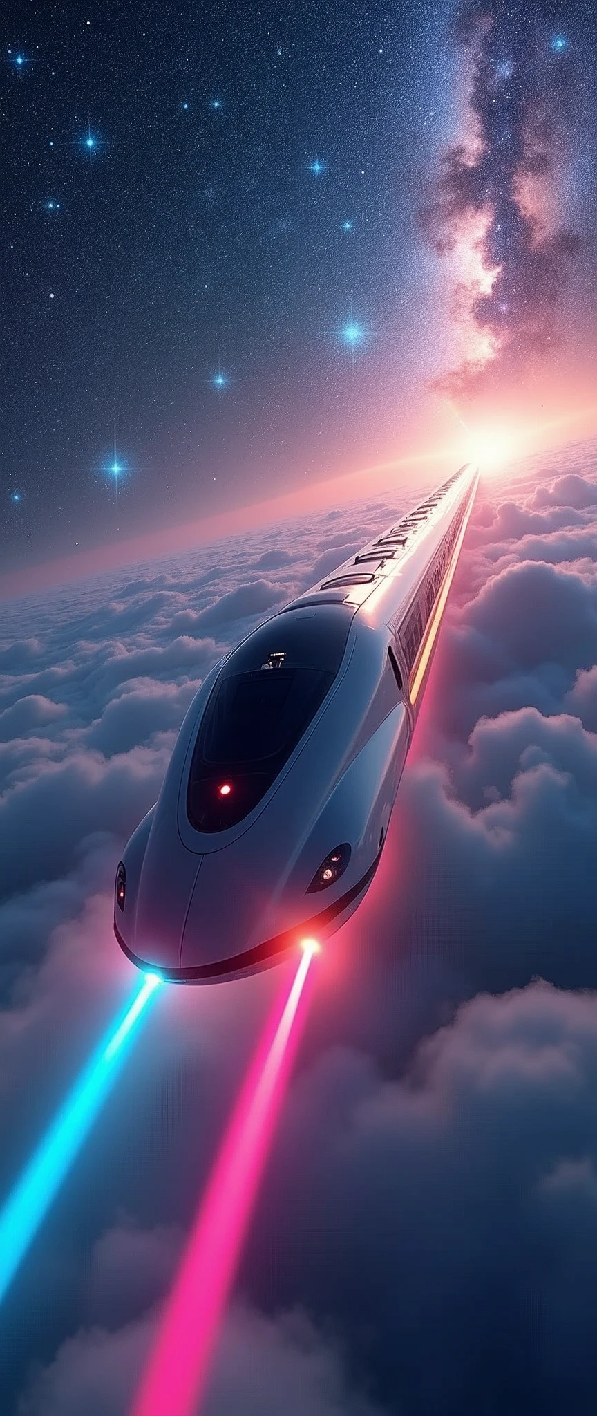 A train-shaped spaceship heads towards the galaxy,(Interstellar Railroad),A train appears from inside the clouds,The train is floating in the air.,(The train runs over the rainbow-colored laser guidance lights.:2.0),sf,(A streamlined aircraft like the Eurostar:2.0),(The background is the universe and the Milky Way:1.6),masterpiece,Highest quality,Ultra-high resolution,(Super detailed),8k,Realistic,DSLR Canon style,(dynamic,Big impact,Shooting from below:1.2)