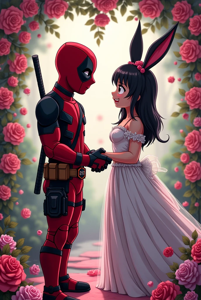 Deadpool and Kuromi from the My Melody cartoon getting married in a wedding