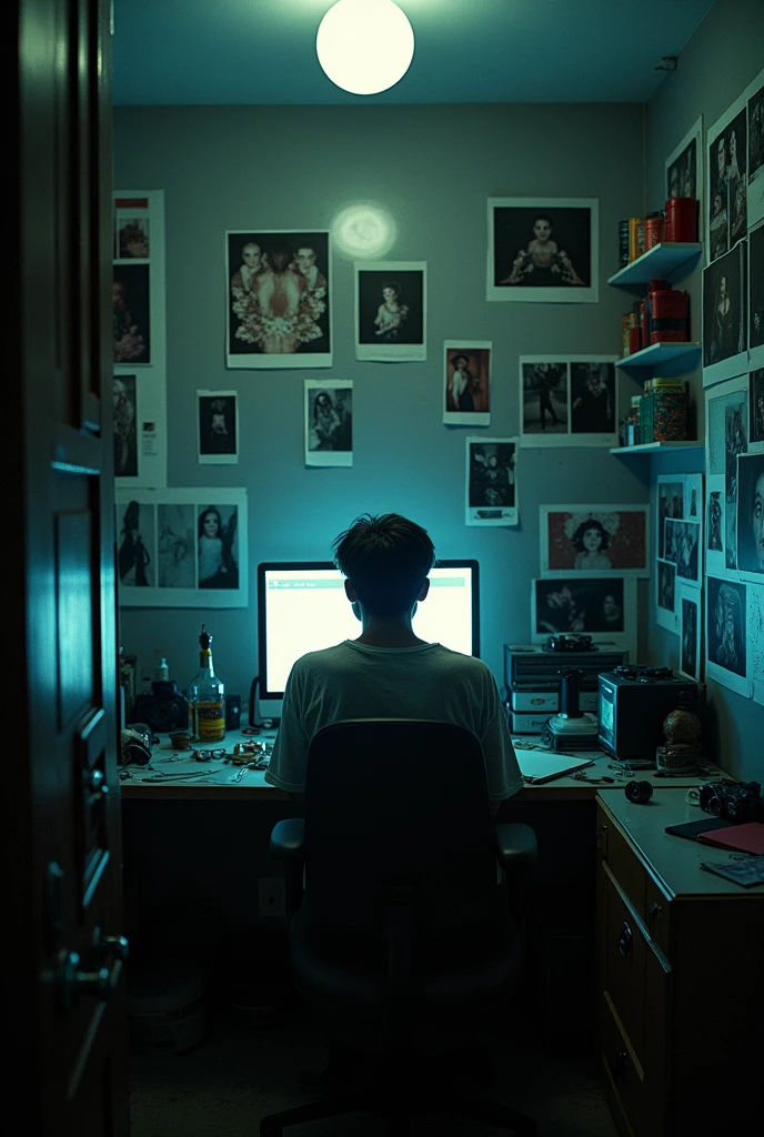 editorial photography,super detailed background,Super realistic,double exposure,depth of field,dark vibes,soft focus tone,narrative scene,Lots of hidden photos on wall,stalker's secret room,