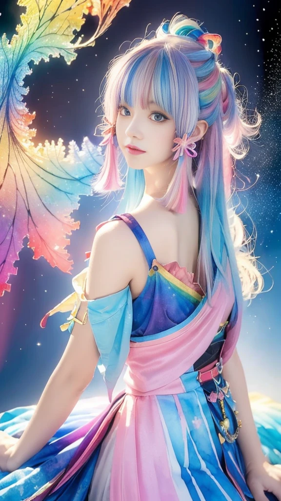 (masterpiece, Top quality, best quality,watercolor (Moderate),Official Art, beautiful and aesthetic:1.2),(1 Girl:1.3), (Fractal Art:1.3),Upper Body,, Looking at the audience,model,(Rainbow Hair,rich and colorful hair,Half blue half pink hair:1.2),water,liquid, cloud,rich and colorful, Starry Sky,Star,