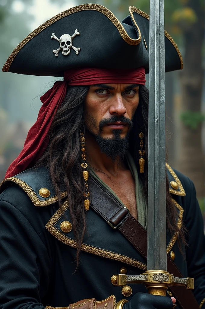 ((best quality)), ((masterpiece)), (detailed), perfect face crie um pirata sem um braço, ele porta um mosquete e uma espada rapieira