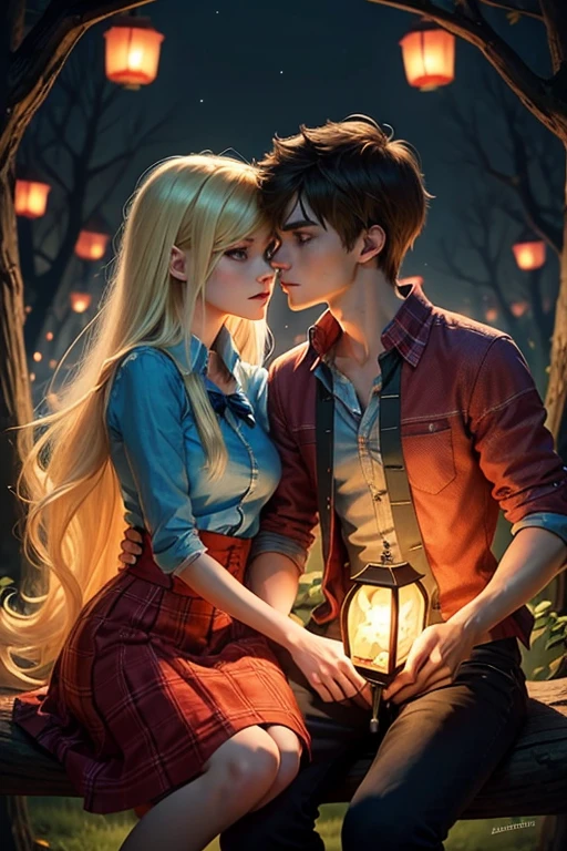 Couple sitting on a tree branch kissing , I'm Marshall Lee and Fionna from Adventure Time , semi-realistic style, She is blonde with long hair , She has a blue shirt and skirt, He is a vampire and wears a red checkered shirt , It is night and the scene is lit by colorful lanterns