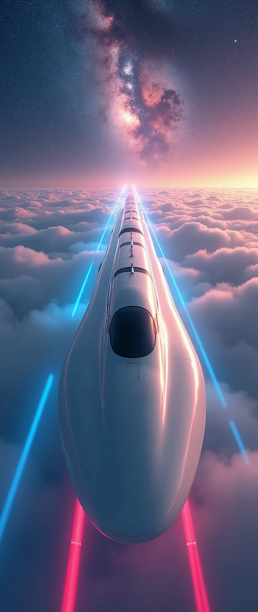 A train-shaped spaceship heads towards the galaxy,(Interstellar Railroad),A train appears from inside the clouds,The train is floating in the air.,(The train runs over the rainbow-colored laser guidance lights.:2.0),sf,(A sleek, white aircraft like a Shinkansen (bullet train):2.0),(The background is the universe and the Milky Way:1.6),masterpiece,Highest quality,Ultra-high resolution,(Super detailed),8k,Realistic,DSLR Canon style,(dynamic,Big impact,Shooting from below:1.2)