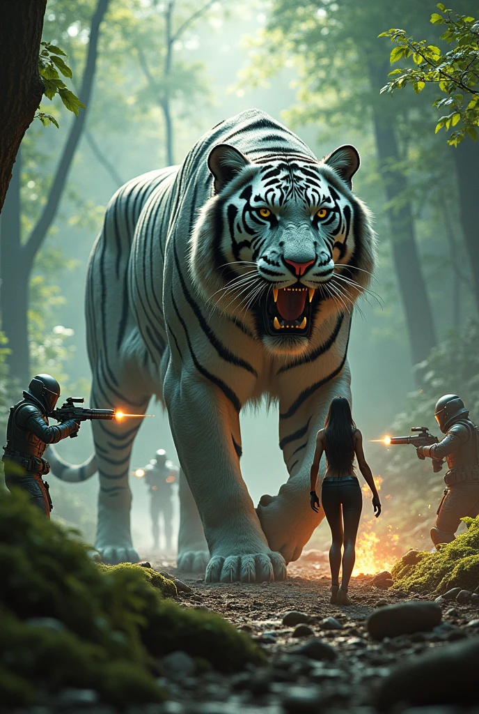 Brutal battle. Giant wild cyberpunk saber-toothed tiger and beautiful cyberpunk girl fight shoulder to shoulder with futuristic soldiers in the forest. Soldiers shoot ray guns at the tiger and the girl. (Highlight: 1.5) (Photorealistic: 1.1) (Bokeh) (Best Quality) (Skin, Pores, Detailed Hair Texture: 1.1) (Hard) (8k) (HDR) (Wallpaper) (Cinematic Lighting) (Sharp Focus)cyberpunk style