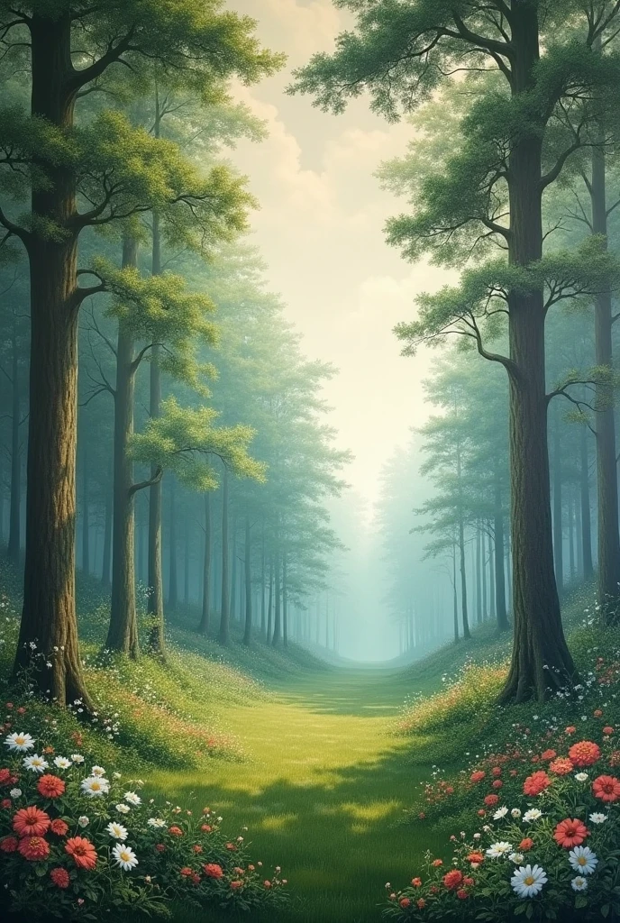 Large beautiful painting in a forest with flowers and grass, clouds, trees and the background in gray tones



