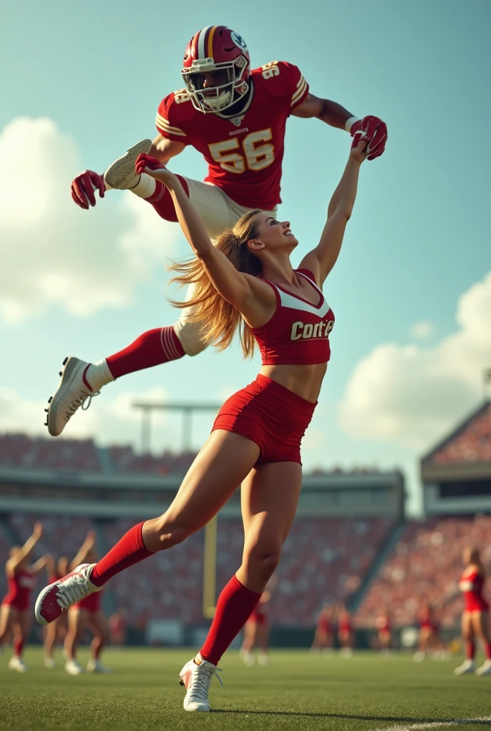 Blonde, Beautiful, and strong cheerleader lifting a large male football player high above her head with her strong arms. Photorealistic. View from a distance. Wide angle.