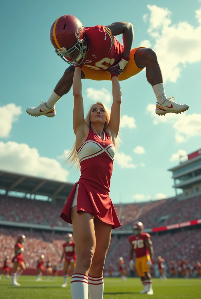 Blonde, Beautiful, and strong cheerleader lifting a large male football player high above her head with her strong arms. Photorealistic. View from a distance. Wide angle.