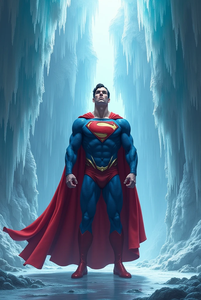 A detailed full-body of Superman standing tall in the Fortress of Solitude. The background is filled with towering crystal structures, bathed in a soft, bluish glow. Superman's suit is deeply textured, with metallic highlights reflecting the icy surroundings. His pose is strong and confident, hands on his hips, cape flowing. The lighting emphasizes the strength and stoicism in his stance. Classic comic book style, hd quality, intricate details, vivid colors