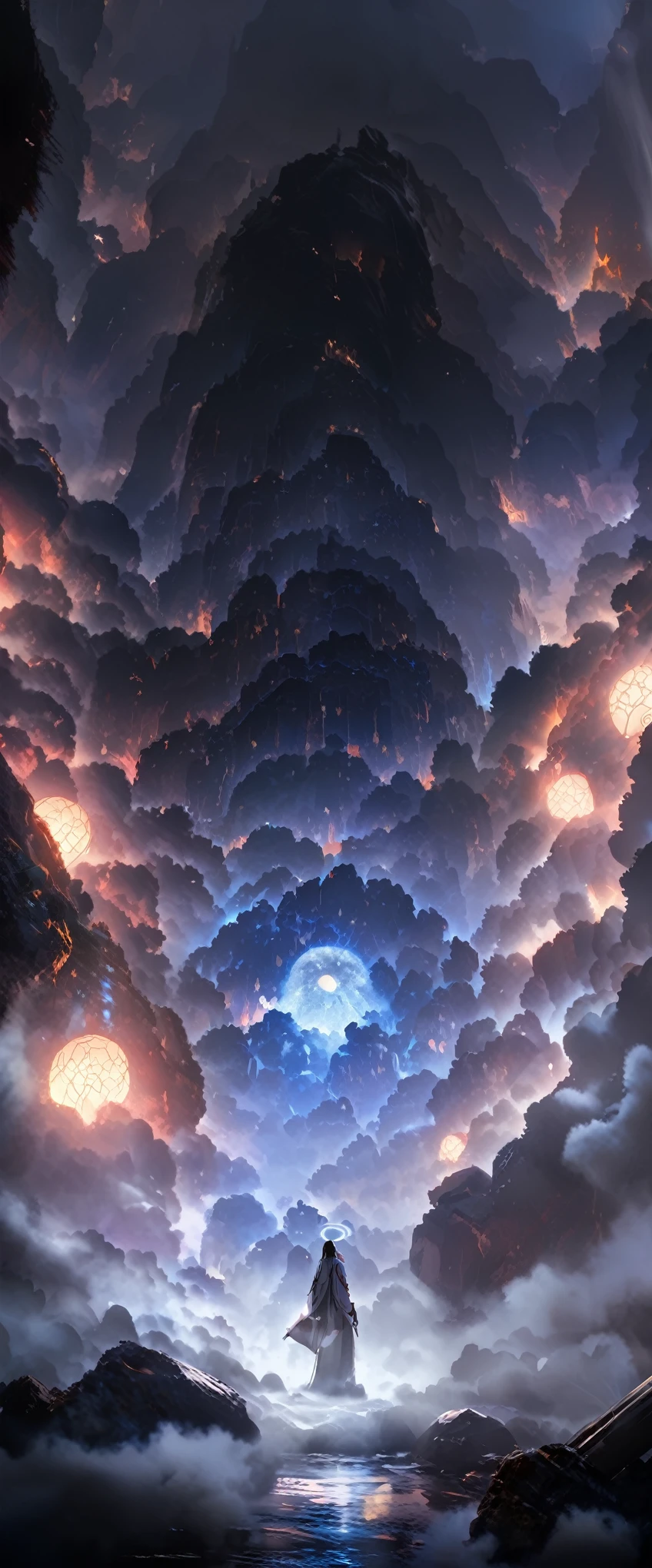 8k,wallpaper of extremely detailed CG unit, ​masterpiece,hight resolution,top-quality,top-quality real texture skin,hyper realisitic,increase the resolution,RAW photos,best qualtiy,highly detailed,the wallpaper,cinematic lighting,ray trace,golden ratio, BREAK ,1Buddha\(Amitabha Buddha,very virtuous , mild smile, female, godly ,(in the deep fog:1.3) ,beautiful halo\),  BREAK ,background\(heaven\(The Peach Blossom Spring\),in the deep fog,beautiful chinise flowers blooming,(many peach tree),(deep fog:1.5)\),, BREAK ,many hungry ghosts\(below heaven,looking up\),(deep fog:1.5),(deep fog:1.5),(deep fog:1.5),(deep fog:1.5),(deep fog:1.5),(deep fog:1.5)