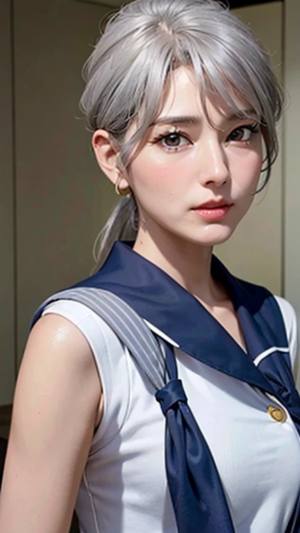 Highest quality、Realistic、woman、60s、Mature Woman、grandmother、Older age、zoom、Gray eyes、ponytail、Grey Hair、Wrinkled face、Sailor suit、Saggy breasts、Bedroom、Bust Shot、
