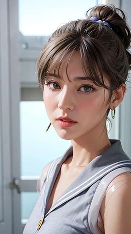 Highest quality、Realistic、woman、60s、Mature Woman、grandmother、Older age、zoom、Gray eyes、ponytail、Grey Hair、Wrinkled face、Sailor suit、Saggy breasts、Bedroom、Bust Shot、