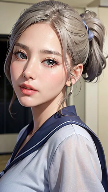 Highest quality、Realistic、woman、60s、Mature Woman、grandmother、Older age、zoom、Gray eyes、ponytail、Grey Hair、Wrinkled face、Sailor suit、Saggy breasts、Bedroom、Bust Shot、