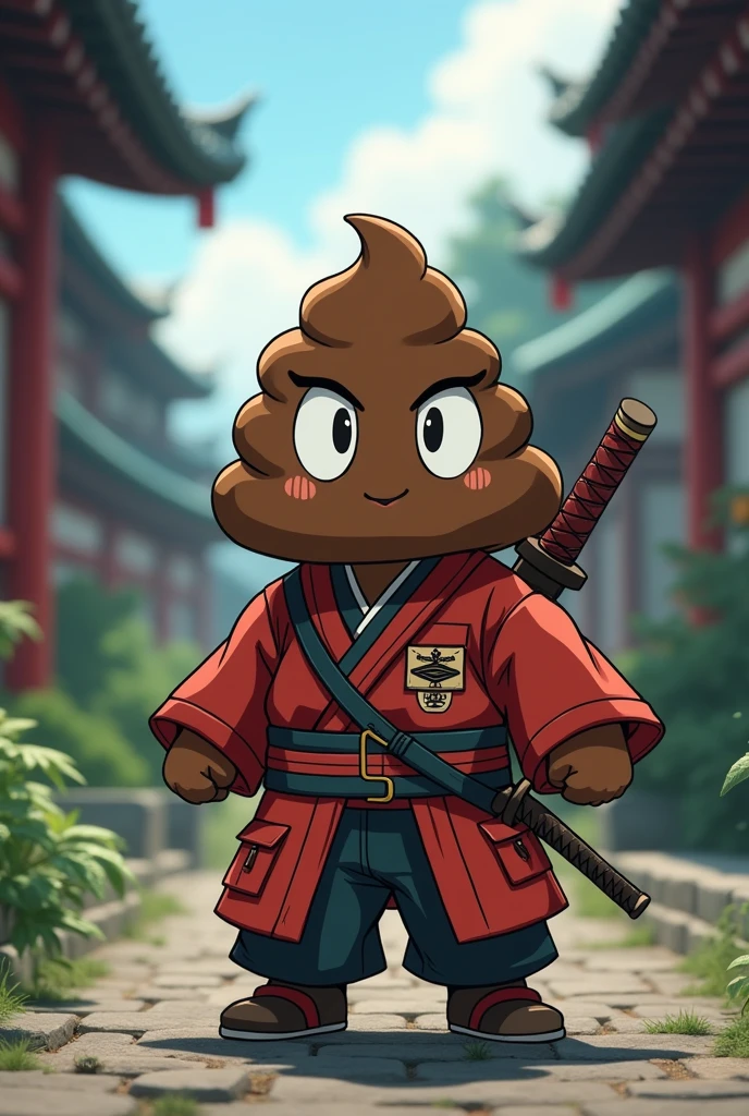 Create a piece of animated poop wearing a mini hunter outfit, Kimetsu no Yaiba style