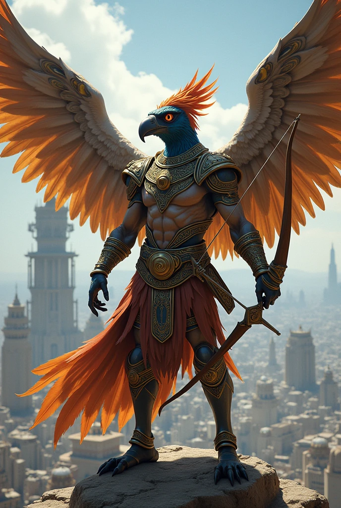 A Aarakocra warrior, a patrolman of the Royal Guard, who uses a bow and has abilities through his claws.