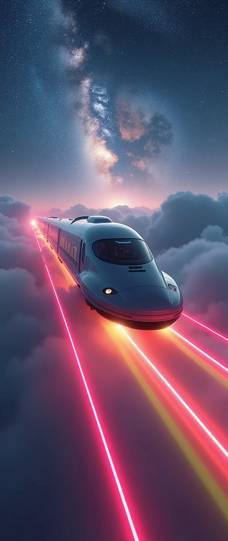 A train-shaped spaceship heads towards the galaxy,(Interstellar Railroad),A train appears from inside the clouds,The train is floating in the air.,(The train runs over the rainbow-colored laser guidance lights.:2.0),sf,(A streamlined aircraft like the Eurostar:2.0),(The background is the universe and the Milky Way:1.6),masterpiece,Highest quality,Ultra-high resolution,(Super detailed),8k,Realistic,DSLR Canon style,(dynamic,Big impact,Shooting from below:1.2)